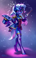 Size: 1780x2894 | Tagged: safe, artist:holivi, derpibooru import, trixie, anthro, unguligrade anthro, unicorn, equestria girls series, street magic with trixie, spoiler:eqg series (season 2), breasts, busty trixie, cleavage, clothes, epaulettes, equestria girls outfit, female, hat, image, jpeg, leotard, magician outfit, smiling, socks, solo, thigh highs, top hat, wand, zettai ryouiki