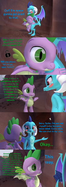 Size: 1920x5400 | Tagged: 3d, artist:papadragon69, blushing, cave, comic, comic:spike's cyosa, cyoa, derpibooru import, dragon, emberspike, female, hug, male, princess ember, safe, scent, shipping, source filmmaker, spike, straight, winged spike