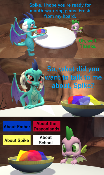 Size: 1920x3240 | Tagged: 3d, artist:papadragon69, blushing, bowl, cave, choice, comic, comic:spike's cyosa, cyoa, derpibooru import, dragon, emberspike, female, gem, male, princess ember, safe, shipping, source filmmaker, spike, straight, table, winged spike