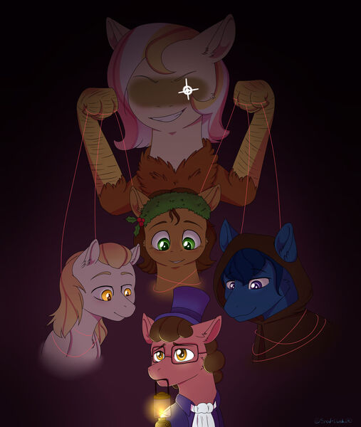 Size: 1920x2271 | Tagged: safe, artist:snail-duck, derpibooru import, applejack, pinkie pie, princess luna, spirit of hearth's warming past, spirit of hearth's warming presents, spirit of hearth's warming yet to come, oc, oc:harmonic chord, oc:rock candy, unofficial characters only, draconequus, earth pony, hybrid, pony, a christmas carol, ebenezer scrooge, female, glasses, interspecies offspring, male, offspring, parent:cheese sandwich, parent:discord, parent:fluttershy, parent:pinkie pie, parents:cheesepie, parents:discoshy, stallion