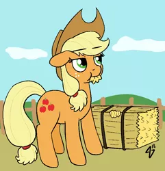 Size: 815x845 | Tagged: safe, artist:heretichesh, derpibooru import, applejack, earth pony, pony, applejack's hat, cowboy hat, eating, eating hay, female, fence, hat, hay, hay bale, herbivore, horses doing horse things, mare, solo