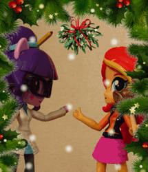 Size: 513x597 | Tagged: safe, artist:whatthehell!?, derpibooru import, sci-twi, sunset shimmer, twilight sparkle, equestria girls, animated, balloon, candy, clothes, coat, doll, equestria girls minis, eqventures of the minis, female, food, gif, glasses, irl, kissing, lesbian, lollipop, merry christmas, mistletoe, pencil, photo, ponied up, scitwishimmer, shipping, snow, stop motion, sunsetsparkle, toy