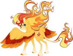 Size: 1024x790 | Tagged: safe, artist:lisianthus, derpibooru import, sunset shimmer, alicorn, classical unicorn, pony, unicorn, equestria girls, :3, alicornified, blaze (coat marking), cloven hooves, colored hooves, colored horn, colored wings, colored wingtips, curved horn, ear fluff, female, fiery shimmer, fire, frown, glare, horn, leonine tail, looking at you, looking back, mane of fire, mare, multicolored wings, pale belly, race swap, shimmercorn, simple background, solo, spread wings, transparent background, unshorn fetlocks, wing fluff, wings