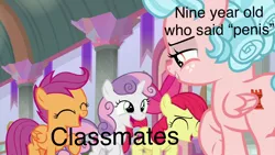 Size: 1280x720 | Tagged: suggestive, derpibooru import, edit, edited screencap, screencap, apple bloom, cozy glow, scootaloo, sweetie belle, earth pony, pegasus, pony, unicorn, school raze, apple bloom's bow, bow, caption, cutie mark crusaders, female, filly, hair bow, happy, image macro, laughing, meme, smiling, text