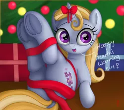 Size: 3000x2669 | Tagged: suggestive, artist:celsian, derpibooru import, summer meadow, pony, unicorn, butt, christmas, christmas tree, dialogue, dock, female, friendship student, frog (hoof), gift wrapped, happy bondage, hearth's warming eve, holiday, looking at you, mare, on back, open mouth, plot, present, ribbon, solo, solo female, strategically covered, tied up, tree, underhoof