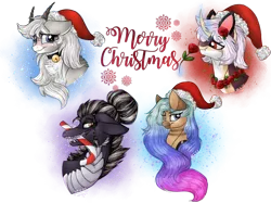 Size: 2048x1535 | Tagged: artist:melonseed11, bell, bell collar, bust, christmas, collar, derpibooru import, dragon, flower, goat, goat pony, hat, holiday, oc, oc:dov, oc:nyx (missdids), oc:pillus, oc:zariah, portrait, rose, safe, santa hat, unofficial characters only, wildling unicorn