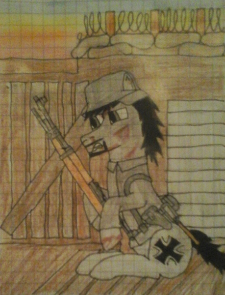 Size: 1110x1450 | Tagged: semi-grimdark, artist:überreaktor, derpibooru import, oc, oc:iron cross, unofficial characters only, pegasus, pony, barbed wire, clothes, entrenching tool, graph paper, gun, helmet, holster, injured, mauser, rifle, sandbags, solo, stahlhelm, sunset, traditional art, trench, uniform, weapon, world war ii