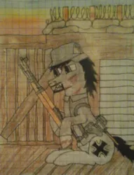 Size: 1110x1450 | Tagged: semi-grimdark, artist:überreaktor, derpibooru import, oc, oc:iron cross, unofficial characters only, pegasus, pony, barbed wire, clothes, entrenching tool, graph paper, gun, helmet, holster, injured, mauser, rifle, sandbags, solo, stahlhelm, sunset, traditional art, trench, uniform, weapon, world war ii