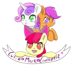 Size: 1024x878 | Tagged: safe, artist:sparkleshadow, derpibooru import, apple bloom, scootaloo, sweetie belle, earth pony, pegasus, pony, unicorn, apple bloom's bow, banner, bow, cutie mark crusaders, deviantart watermark, female, filly, hair bow, obtrusive watermark, open mouth, simple background, transparent background, watermark