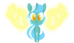 Size: 1280x755 | Tagged: safe, artist:whale, derpibooru import, lyra heartstrings, pony, unicorn, :>, cute, ear fluff, female, glow, hand, looking at you, lyra doing lyra things, lyrabetes, magic, magic aura, magic hands, mare, simple background, smiling, solo, transparent background, 👌