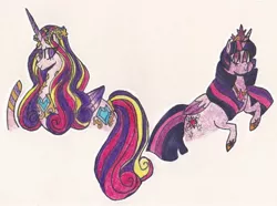 Size: 1876x1393 | Tagged: safe, artist:draw1709, derpibooru import, princess cadance, twilight sparkle, twilight sparkle (alicorn), alicorn, pony, alternate hairstyle, long mane, traditional art