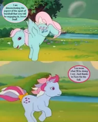 Size: 512x640 | Tagged: bow, bubble, buckball, cropped, derpibooru import, dialogue, edit, edited screencap, g1, implied fizzy, my little pony 'n friends, safe, screencap, speech bubble, sweet stuff, tail bow, the magic coins, wind whistler