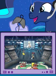 Size: 563x769 | Tagged: safe, derpibooru import, princess luna, pikachu, pony, gamer luna, exploitable meme, f.l.u.d.d., gamer meme, mario, meme, obligatory pony, pokémon, super mario bros., super smash bros., super smash bros. brawl, tv meme