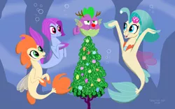 Size: 1280x800 | Tagged: antlers, artist:tim-kangaroo, bubble, derpibooru import, fish, haven bay, hearth's warming, hearth's warming eve, kelp, my little pony: the movie, ornament, princess skystar, puffer fish, red nose, safe, salina blue, seapony (g4), seaquestria, seaweed, species swap, spike, spike is not amused, spike the pufferfish, tree, unamused