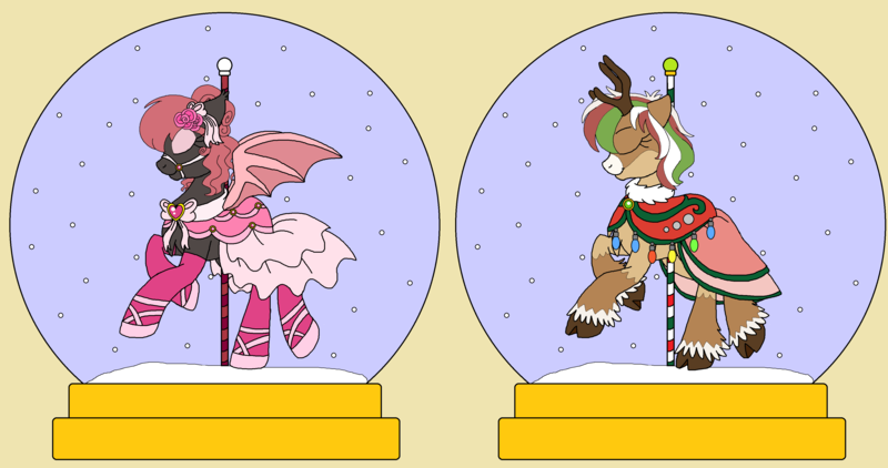 Size: 3728x1968 | Tagged: safe, artist:rosefang16, derpibooru import, oc, oc:dark raspberries, oc:olive (reindeer), unofficial characters only, bat pony, deer, pony, reindeer, antlers, bat pony oc, bat wings, bridle, carousel, chest fluff, christmas, christmas lights, clothes, coat, commission, dress, eyes closed, eyeshadow, female, flower, flower in hair, holiday, hoof shoes, makeup, mare, pole, raised hoof, simple background, snow, snow globe, socks, stockings, tack, thigh highs, unshorn fetlocks, wings, ych result, yellow background