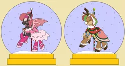 Size: 3728x1968 | Tagged: safe, artist:rosefang16, derpibooru import, oc, oc:dark raspberries, oc:olive (reindeer), unofficial characters only, bat pony, deer, pony, reindeer, antlers, bat pony oc, bat wings, bridle, carousel, chest fluff, christmas, christmas lights, clothes, coat, commission, dress, eyes closed, eyeshadow, female, flower, flower in hair, holiday, hoof shoes, makeup, mare, pole, raised hoof, simple background, snow, snow globe, socks, stockings, tack, thigh highs, unshorn fetlocks, wings, ych result, yellow background