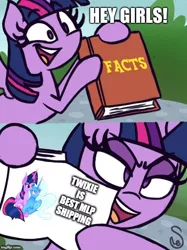 Size: 500x667 | Tagged: safe, artist:quarium edits, derpibooru import, trixie, twilight sparkle, twilight sparkle (alicorn), alicorn, exploitable meme, facts, female, image macro, lesbian, meme, shipping, twilight's fact book, twixie