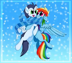 Size: 954x837 | Tagged: safe, artist:ceceliaa, derpibooru import, rainbow dash, soarin', blank flank, clothes, female, male, scarf, shared clothing, shared scarf, shipping, soarindash, straight