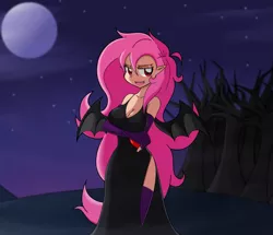 Size: 1743x1497 | Tagged: suggestive, artist:kurus22, derpibooru import, fluttershy, bat pony, human, bats!, bat ponified, breasts, busty fluttershy, cleavage, clothes, dress, evening gloves, female, fingerless gloves, flutterbat, gloves, humanized, light skin, long gloves, moon, night, race swap, solo, solo female, stars