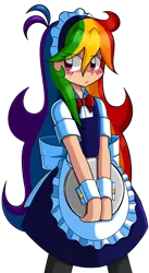 Size: 729x1326 | Tagged: safe, artist:kurus22, derpibooru import, rainbow dash, human, blushing, clothes, cuffs (clothes), cute, dashabetes, eye clipping through hair, female, humanized, light skin, maid, pixiv, rainbow dash always dresses in style, simple background, solo, transparent background, tsunderainbow, tsundere