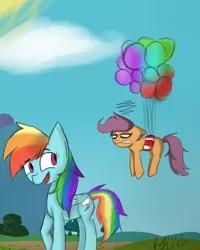 Size: 800x1000 | Tagged: artist:8-blit-poni, balloon, cloud, derpibooru import, rainbow dash, safe, scootaloo, scootaloo can't fly