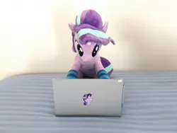 Size: 2048x1536 | Tagged: safe, artist:nekokevin, derpibooru import, starlight glimmer, pony, unicorn, series:nekokevin's glimmy, :i, bed, clothes, computer, female, i mean i see, irl, laptop computer, looking down, mare, photo, plushie, socks, solo, striped socks
