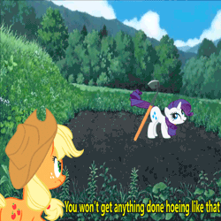 Size: 720x720 | Tagged: angry, animated, applejack, applejack's "day" off, caption, derpibooru import, edit, edited screencap, farming, friendship is magic, gif, gif with captions, hoe, meme, pun, rarity, safe, screencap, tail whip, wolf children