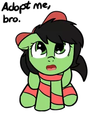 Size: 1190x1407 | Tagged: safe, artist:neuro, derpibooru import, oc, oc:anonfilly, unofficial characters only, earth pony, pony, adoption, bow, cute, dawwww, dialogue, ed edd n eddy, ed edd n eddy's jingle jingle jangle, female, filly, hnnng, implied human, looking at you, looking up, ribbon, simple background, sitting, solo, text, transparent background