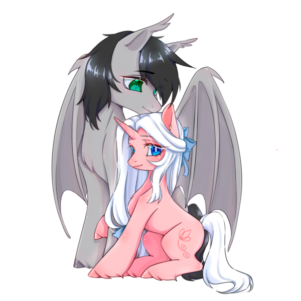 Size: 1200x1200 | Tagged: safe, artist:夏米, derpibooru import, oc, oc:terry longmore, oc:夏米, unofficial characters only, bat pony, pony, 2019 community collab, derpibooru community collaboration, bat pony oc, bat wings, bow, couple, hair bow, simple background, size difference, transparent background, wings
