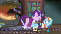 Size: 1920x1080 | Tagged: a hearth's warming tail, caption, derpibooru import, discovery family logo, edit, edited screencap, futurama, image macro, rainbow dash, robot santa claus, safe, screencap, snowdash, snowfall frost, starlight glimmer, text