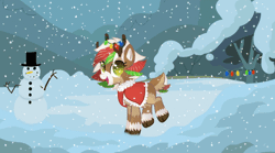 Size: 800x444 | Tagged: animated, antlers, artist:space--paws0w0, carrot, christmas, christmas lights, clothes, coat, commission, cute, deer, derpibooru import, female, food, gif, hat, holiday, oc, oc:olive (reindeer), open mouth, reindeer, safe, snow, snowfall, snowman, solo, stick, top hat, tree, unofficial characters only, unshorn fetlocks