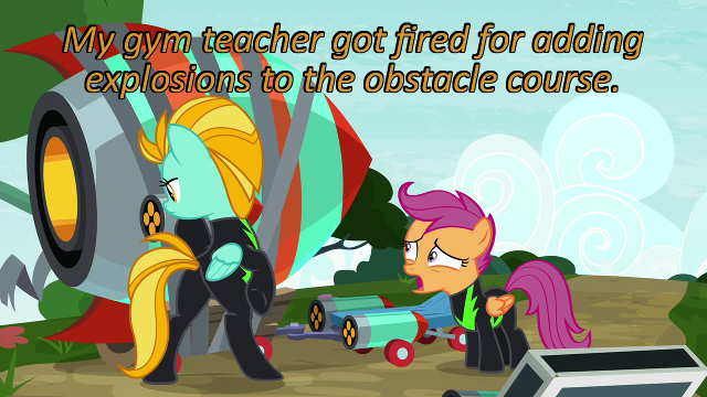 Size: 640x360 | Tagged: caption, cards against humanity, derpibooru import, edit, edited screencap, image macro, lightning dust, rocket, safe, scootaloo, scooter, screencap, text, the washouts (episode)