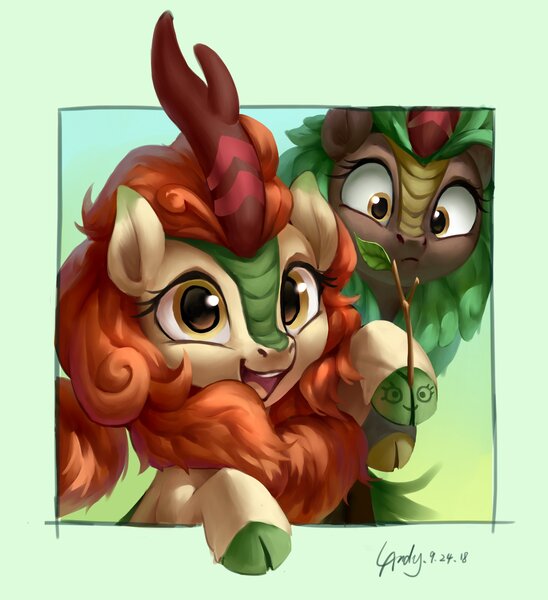 Size: 2190x2400 | Tagged: artist:luciferamon, autumn blaze, autumn blaze's puppet, awwtumn blaze, cinder glow, cloven hooves, cute, derpibooru import, female, frown, happy, kirin, kirinbetes, leaning, leg fluff, looking at you, open mouth, raised hoof, safe, smiling, sounds of silence, stick, summer flare, wide eyes