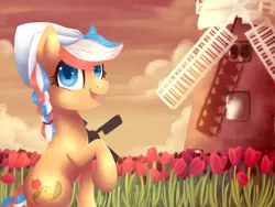 Size: 1024x768 | Tagged: safe, artist:mapony240, derpibooru import, oc, oc:ember, unofficial characters only, earth pony, pony, dutch cap, female, flower, hat, hearth's warming con, mare, mascot, netherlands, raised hoof, solo, tulip, windmill