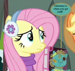 Size: 378x360 | Tagged: applejack, applejack's hat, best gift ever, clothes, cowboy hat, derpibooru import, earmuffs, edit, edited screencap, fluttershy, hat, holly the hearths warmer doll, safe, scarf, screencap, shoddy workmanship, speech bubble, sweater, sweatershy, veggietales