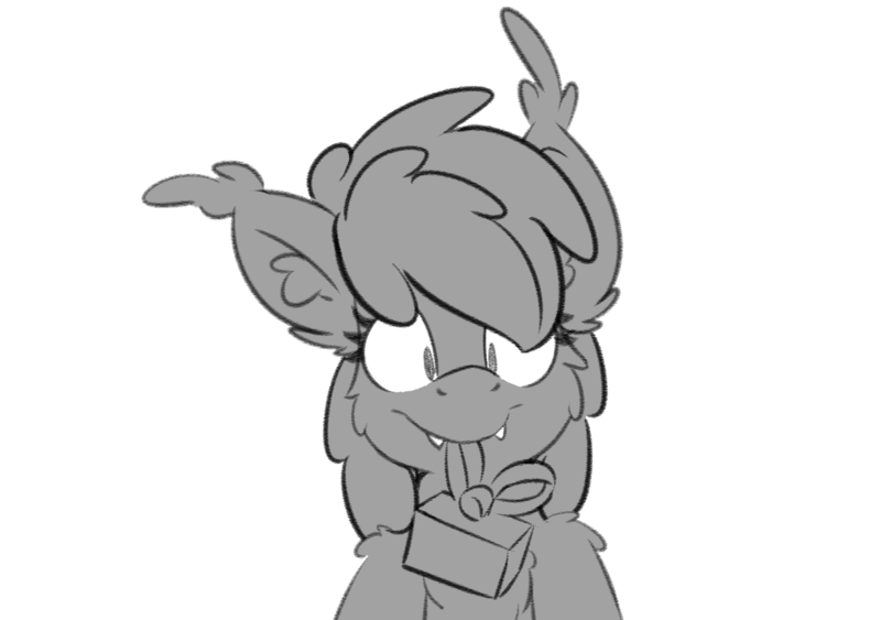 Size: 1280x901 | Tagged: safe, artist:moemneop, derpibooru import, oc, oc:lukida, unofficial characters only, bat pony, grayscale, hearth's warming eve, looking at you, monochrome, present, simple background, sketch, solo, transparent background