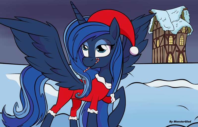 Size: 4632x2984 | Tagged: safe, artist:monsterglad, derpibooru import, princess luna, spoiler:comic, candy, candy cane, christmas, christmas outfit, food, hat, hearth's warming eve, holiday, mouth hold, santa hat