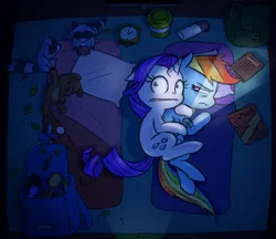 Size: 1063x920 | Tagged: safe, artist:raridashdoodles, derpibooru import, rainbow dash, rarity, pegasus, pony, raccoon, unicorn, annoyed, book, camping, clinging, clock, cuddling, female, flashlight (object), lesbian, makeup, raridash, scared, shipping, spooning, teddy bear