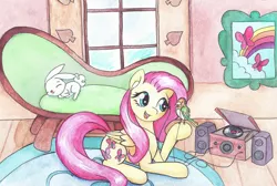 Size: 1280x861 | Tagged: safe, artist:astevenamedwolf, derpibooru import, angel bunny, fluttershy, bird, butterfly, pegasus, pony, couch, duo, female, fluttershy's cottage (interior), folded wings, head tilt, headphones, hoof hold, indoors, looking at something, mare, open mouth, picture, prone, rainbow, record player, singing, smiling, traditional art, wings