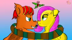 Size: 1920x1080 | Tagged: safe, artist:blazing-warrior-19, derpibooru import, fluttershy, oc, oc:digi citrus, pegasus, pony, boop, christmas, clothes, digishy, hearth's warming, holiday, holly, holly mistaken for mistletoe, scarf, shared clothing, shared scarf, shipping, together