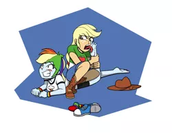 Size: 1100x850 | Tagged: suggestive, artist:coffeeburger, derpibooru import, applejack, rainbow dash, equestria girls, abstract background, angry, appledash, appledom, applejack's hat, barefoot, blushing, boots, breasts, clothes, commission, converse, cowboy hat, dashsub, denim skirt, erotic tickling, feet, female, femdom, femsub, fetish, foot fetish, foot worship, freckles, hat, lesbian, licking, licking foot, lying down, open mouth, rainbow socks, revenge, shipping, shirt, shoes, shorts, sitting on person, skirt, sneakers, socks, sports shorts, striped socks, submissive, sweatband, t-shirt, tickle fetish, tickle torture, tickling, tongue out