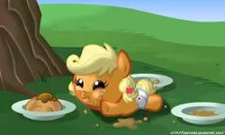 Size: 2000x1200 | Tagged: safe, artist:zantyarz, derpibooru import, applejack, pony, apple family reunion, apple fritter (food), baby, baby pony, babyjack, cute, diaper, foal, food, jackabetes, solo, younger