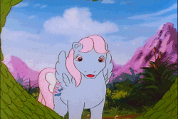 Size: 718x480 | Tagged: safe, derpibooru import, screencap, buttons (g1), gusty, megan williams, wind whistler, pegasus, pony, unicorn, crunch the rockdog, my little pony 'n friends, animated, best pony, bow, g1, gif, hair bow, heart, heart stone, mouth hold, ot3, shipper on deck, shipping fuel, tail bow, walking, wind whistler gets all the mares, wreath