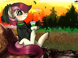 Size: 1600x1200 | Tagged: artist:brainiac, blushing, clothes, coffee, coffee cup, cup, derpibooru import, frog (hoof), hat, hoof hold, roseluck, safe, solo, underhoof