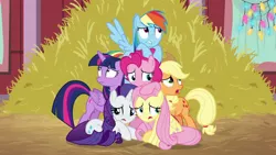 Size: 1280x720 | Tagged: safe, derpibooru import, screencap, applejack, fluttershy, pinkie pie, rainbow dash, rarity, twilight sparkle, twilight sparkle (alicorn), alicorn, pony, best gift ever, hearth's warming shorts, the great escape room, female, hay, mane six, scared