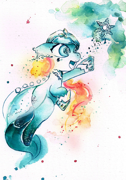 Size: 2409x3437 | Tagged: artist:mashiromiku, derpibooru import, hearth's warming, oc, oc:aurora, safe, snow, snowflake, solo, traditional art, unofficial characters only, watercolor painting