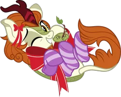 Size: 5523x4428 | Tagged: absurd resolution, artist:jhayarr23, autumn blaze, autumn blaze's puppet, awwtumn blaze, bow, clothes, cute, derpibooru import, female, kirin, looking at you, one eye closed, safe, simple background, smiling, socks, solo, sounds of silence, striped socks, transparent background, vector, wink