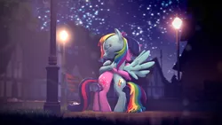 Size: 3840x2160 | Tagged: safe, artist:psfmer, derpibooru import, rainbow dash, twilight sparkle, pegasus, pony, unicorn, fanfic:a bluebird's song, 3d, bench, eyes closed, fanfic art, female, grass, hug, lamppost, lens flare, lesbian, night, ponyville, shipping, sky, source filmmaker, spread wings, stars, twidash, wings