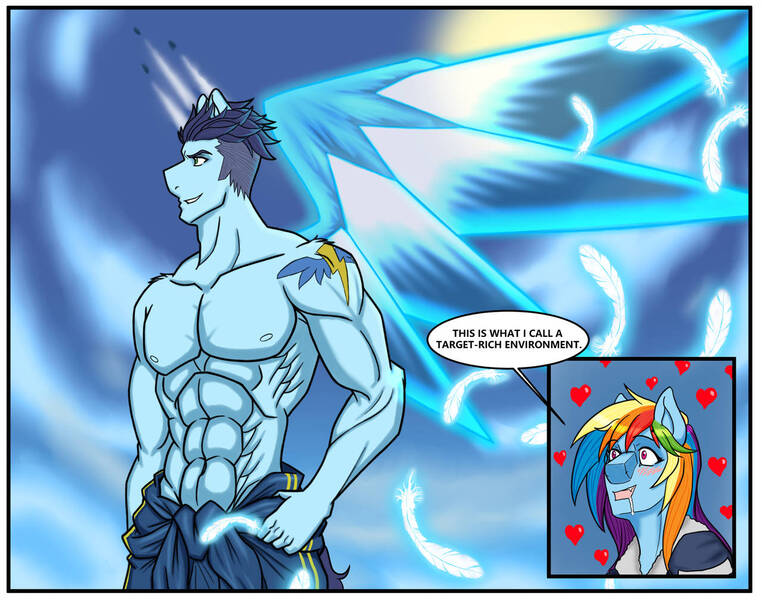 Size: 1280x1008 | Tagged: safe, artist:nwinter3, derpibooru import, rainbow dash, soarin', anthro, abs, alternative cutie mark placement, biceps, clothes, deltoids, drool, feather, female, image, jpeg, male, male focus, muscles, one winged pegasus, partial nudity, pecs, shipping, shoulder cutie mark, sidemouth, soarindash, soaripped, solo focus, straight, topless, wings