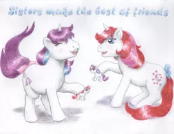 Size: 1019x784 | Tagged: safe, artist:fvonj, derpibooru import, glory, moondancer (g1), pony, unicorn, bow, duo, female, g1, ponies playing with ponies, tail bow, traditional art, younger